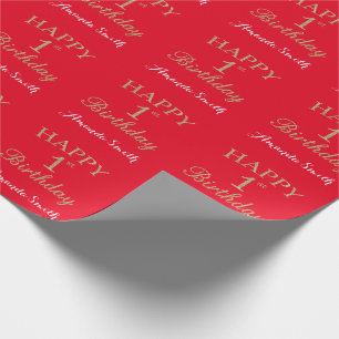 Papel De Regalo Feliz primer cumpleaños Purpurina de oro y rojo