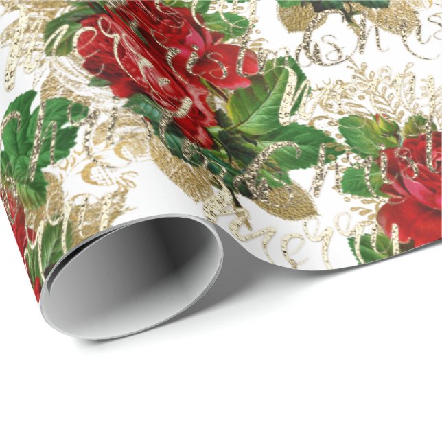 Papel De Regalo Feliz Purpurina navideño Script Rosa Oro Blanco Ro (Esquina del rollo)