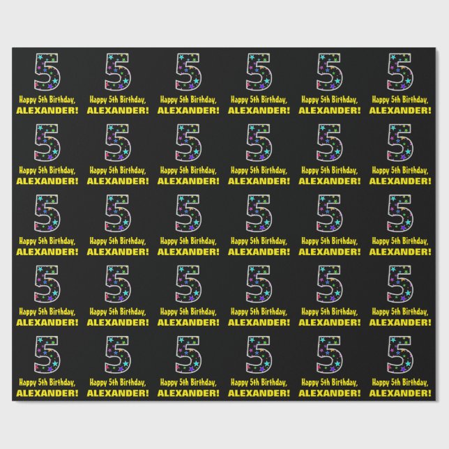 Papel De Regalo Feliz quinto cumpleaños, divertido patrón de estre (Superficie plana)