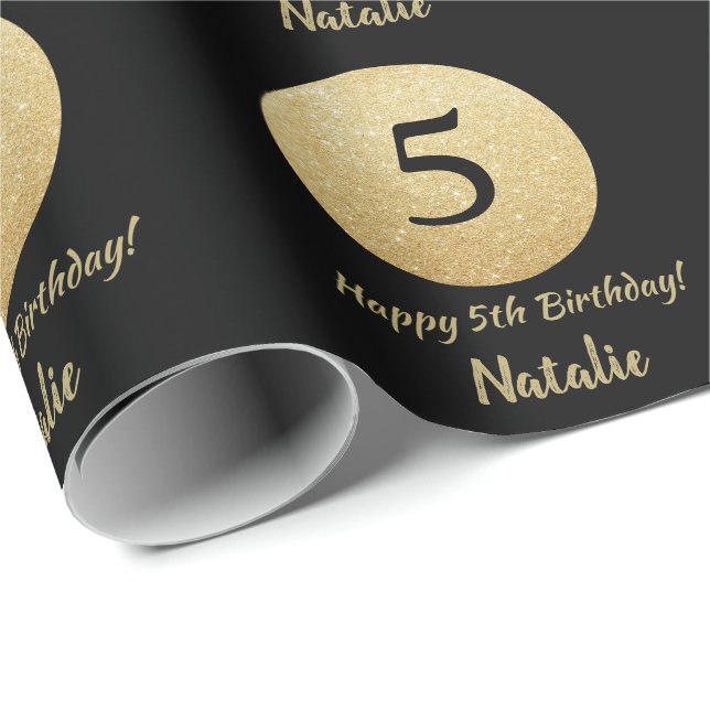 Papel De Regalo Feliz quinto cumpleaños, negro y Purpurina de oro (Esquina del rollo)