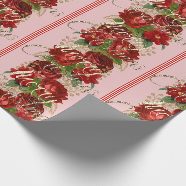 Papel De Regalo Feliz Rosa de guiones navideños Red Gold Marble Ro (Esquina)