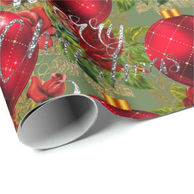 Papel De Regalo Feliz Rosa de guiones navideños Red Mint Green Gol (Esquina del rollo)