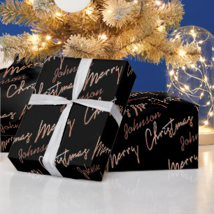 Papel De Regalo Feliz Rosa de Navidad Guión de oro de nombre negr