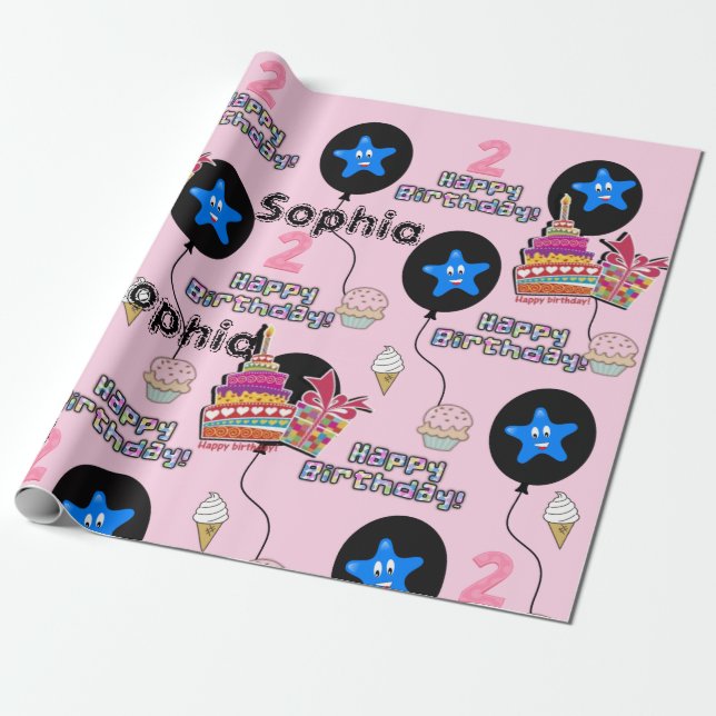 Papel De Regalo Feliz segundo cumpleaños envolviendo globos de pap (Desenrollado)