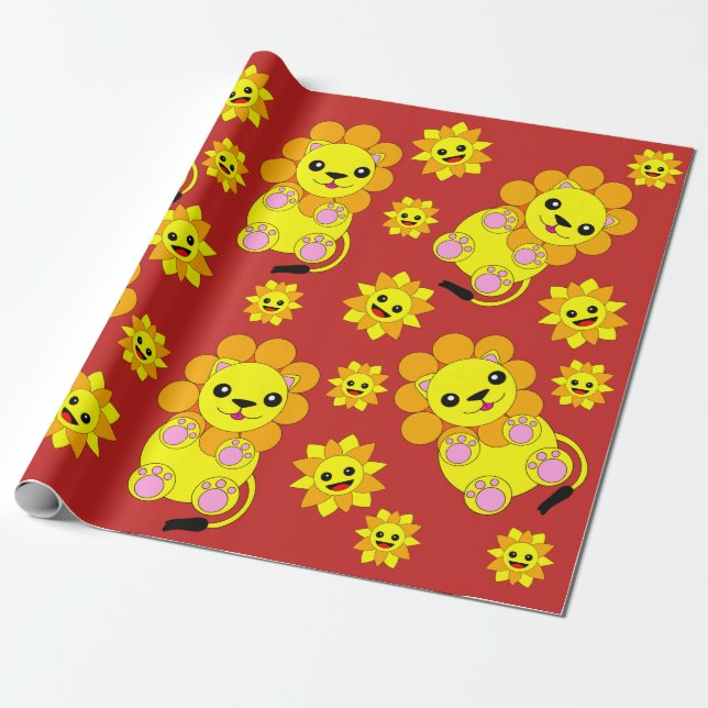 Papel De Regalo Feliz Sunshine Sunflower Lion Niños Adultos (Desenrollado)