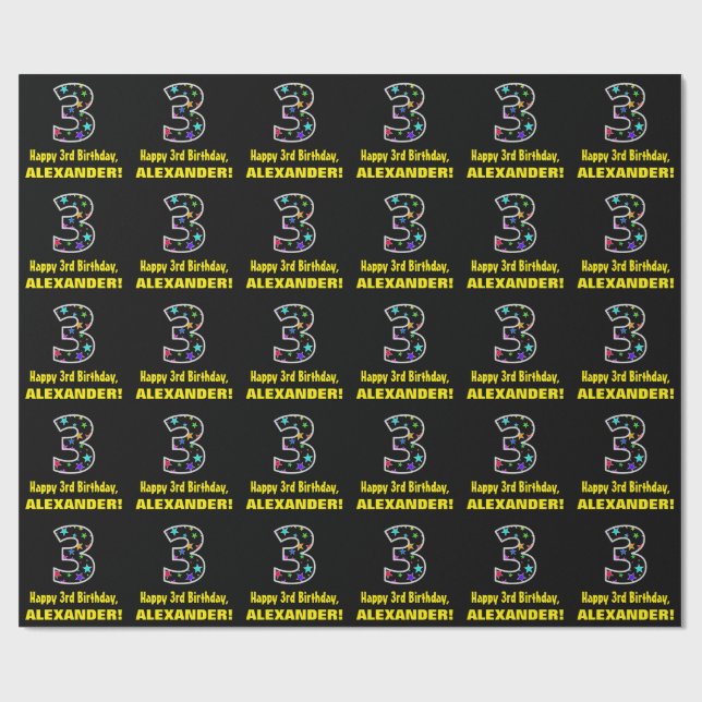 Papel De Regalo Feliz tercer cumpleaños, divertido patrón de estre (Superficie plana)