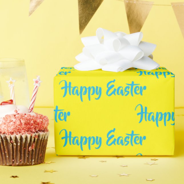 Papel De Regalo Feliz texto azul de Pascua en amarillo (Fiesta de cumpleaños )