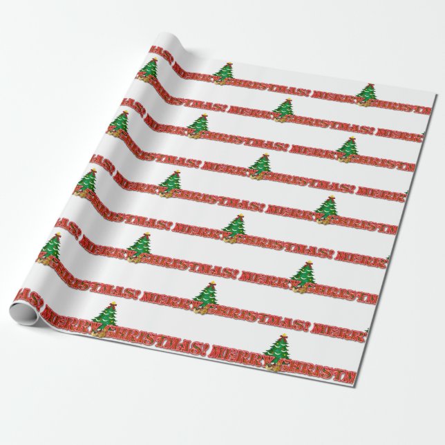 Papel De Regalo Feliz texto navideño y árbol de vacaciones moderna (Desenrollado)