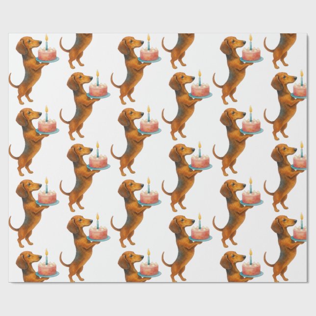 Papel De Regalo Feliz torta de cumpleaños perrito dachshund perro  (Superficie plana)