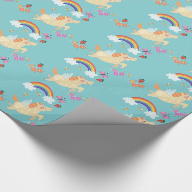 Papel De Regalo Feliz unicornio con nubes de arcoiris y flores (Esquina)