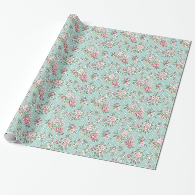Papel De Regalo Femenino rosado verde azulado floral elegante (Desenrollado)