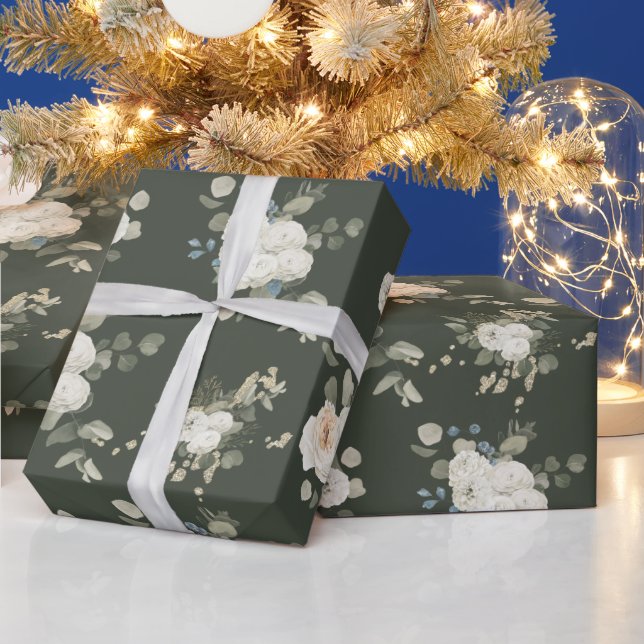 Papel De Regalo Festival de Invierno de Rosas Blancas y Eucalipto (Vacaciones)