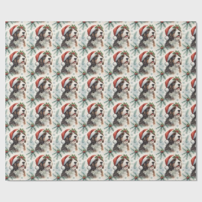 Papel De Regalo Festive Bernedoodle Dog Santa Hat Watercolor (Superficie plana)