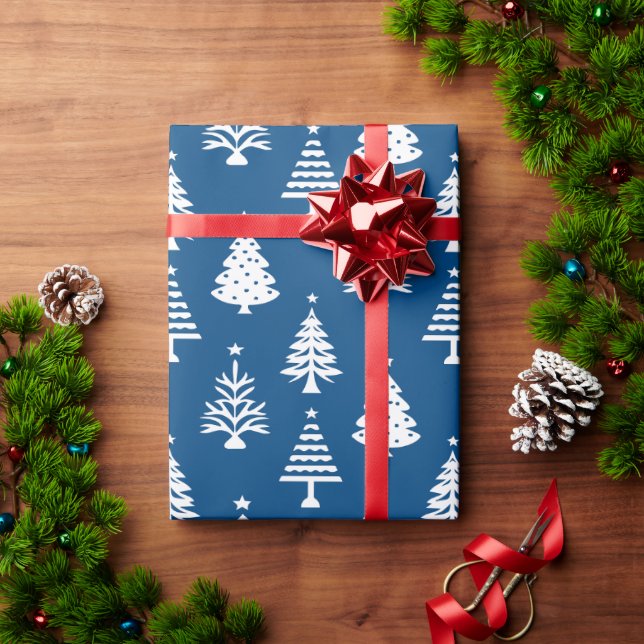 Papel De Regalo Festive Blue and White Christmas Tree Pattern (Regalo de vacaciones)