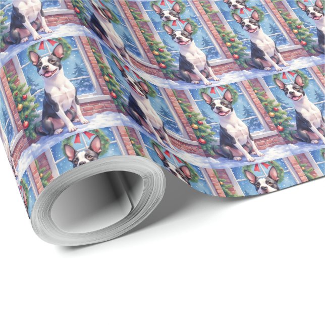 Papel De Regalo Festive Boston Terrier Christmas Art (Esquina del rollo)