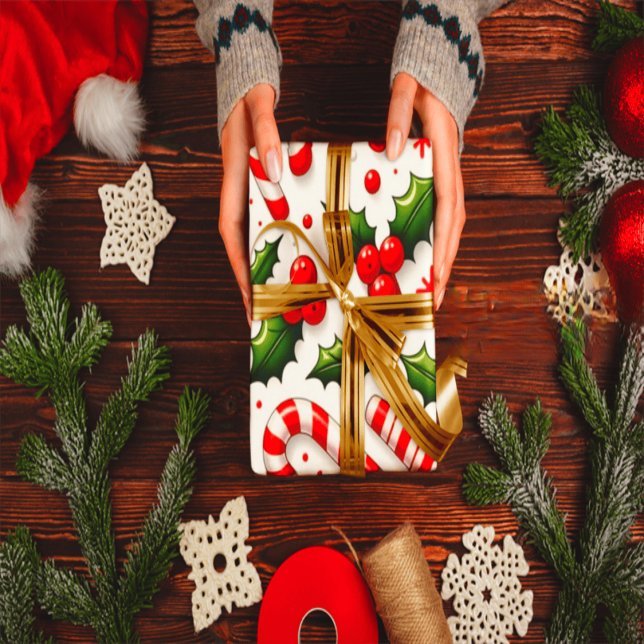 Papel De Regalo Festive Candy Cane & Holly Christmas Wrapping Pape (Subido por el creador)