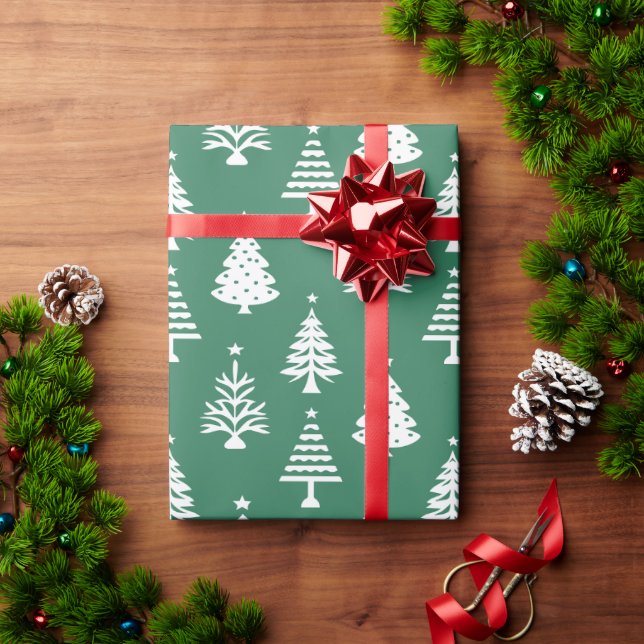Papel De Regalo Festive Green and White Christmas Tree Pattern (Regalo de vacaciones)