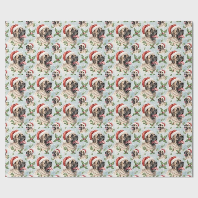 Papel De Regalo Festive Mastiff Christmas Holly Watercolor Wrap (Superficie plana)