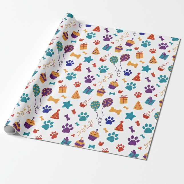 Papel De Regalo Festive Paw Prints & Party Treats Pet Anniversary (Desenrollado)