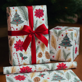 Papel De Regalo Festive Pine, Poinsettia Christmas Tree