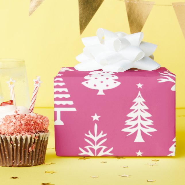 Papel De Regalo Festive Pink and White Christmas Tree Pattern (Fiesta de cumpleaños )