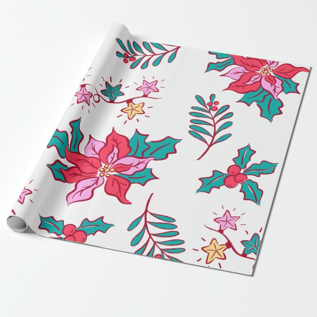 Papel De Regalo Festive Poinsettia Holiday (Desenrollado)