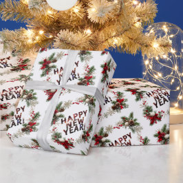 Papel De Regalo Festive Red Berries Happy New Year Pattern