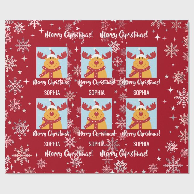 Papel De Regalo Festive Rudolph Reindeer Snow Personalized Xmas (Superficie plana)