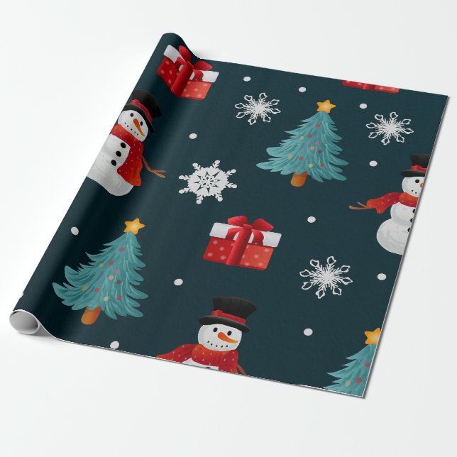 Papel De Regalo Festive Snowmen Christmas Trees Holiday Gift (Desenrollado)
