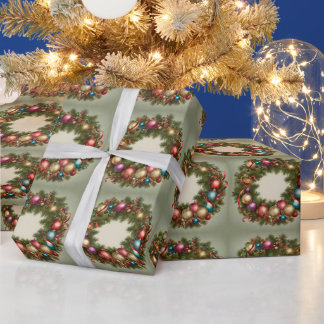Papel De Regalo Festive Vintage Christmas Wreath with Ornaments