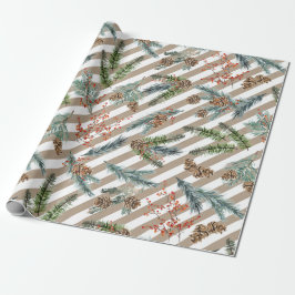Papel De Regalo Festive White Stripe Pine Spruce Kraft Holiday