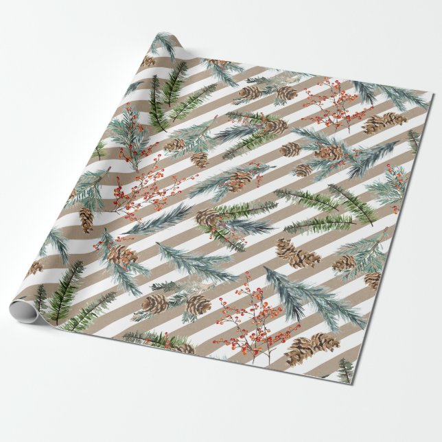 Papel De Regalo Festive White Stripe Pine Spruce Kraft Holiday (Desenrollado)