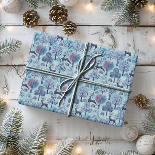 Papel De Regalo Festividad azul y morada en el bosque de ciervos m