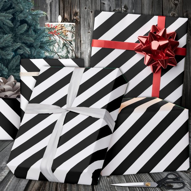 Papel De Regalo Festividad de banda ancha blanca negra (Black White Wide Stripe Holiday Wrapping Paper in 6 and 15 foot 30 Inch Width Rolls.)