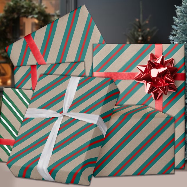 Papel De Regalo Festividad de banda ancha roja verde Verde azulada (Rustic Kraft Teal Green Red Wide Stripe Holiday Wrapping Paper in 30 inch tall 6 & 15 ft long rolls)