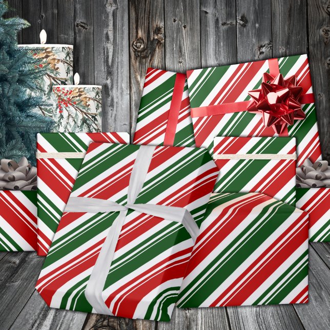 Papel De Regalo Festividad de la banda de caña verde roja (Red White Green Candy Cane Stripe Holiday Wrapping Paper In 6 & 15 foot long 30 inch tall rolls)