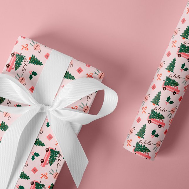 Papel De Regalo Festividad de la camioneta retro rosa del árbol de (Festive Christmas Tree Pink Vintage Retro Van Wrapping Paper)