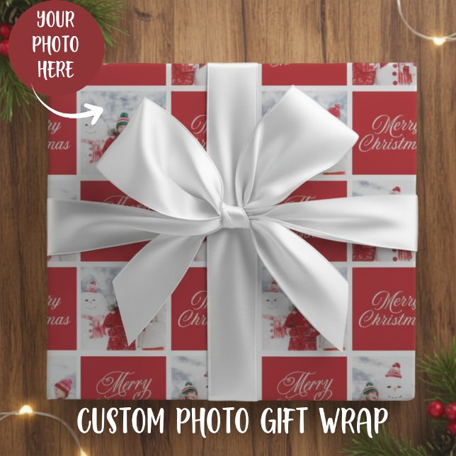 Papel De Regalo Festividad de la foto del Personalizado navideño r (Red And White Merry Christmas Custom Photo Holiday Wrapping Paper)