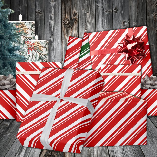 Papel De Regalo Festividad de la franja blanca de caramelo rojo (White Red Candy Cane Stripe Holiday Wrapping Paper in 6 & 15 foot long 30 inch tall rolls)
