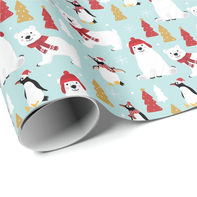Papel De Regalo Festividad de los Pingüinos del Oso Blanco Polar (Esquina del rollo)