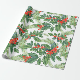 Papel De Regalo Festividad de Navidades florales Red Berries Green