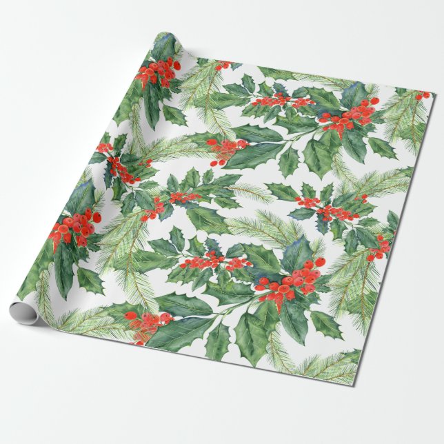 Papel De Regalo Festividad de Navidades florales Red Berries Green (Desenrollado)