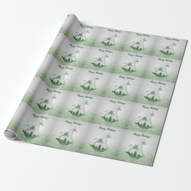 Papel De Regalo Festividad de Navidades verdes de caballos blancos (Desenrollado)