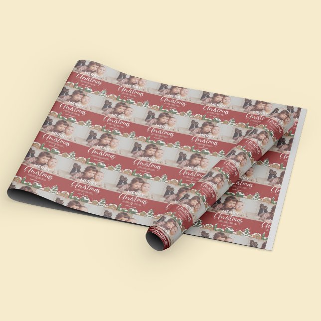 Papel De Regalo Festividad de Personalizado fotográfico de la alde (Red Christmas Village Family Photo Custom Holiday Wrapping Paper)
