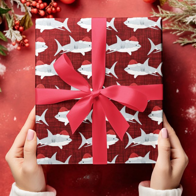 Papel De Regalo Festividad del arte de Santa Hat del Tiburón rojo (Shark Santa Red Fabric Look Background Wrapping Paper)