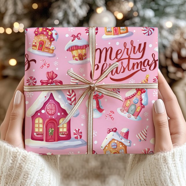 Papel De Regalo Festividad del Candy Rosa Feliz Navidad (Pink Candy Festive Merry Christmas Wrapping Paper)