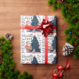 Papel De Regalo Festividad Feliz Navidad con Árbol, Santa, regalos