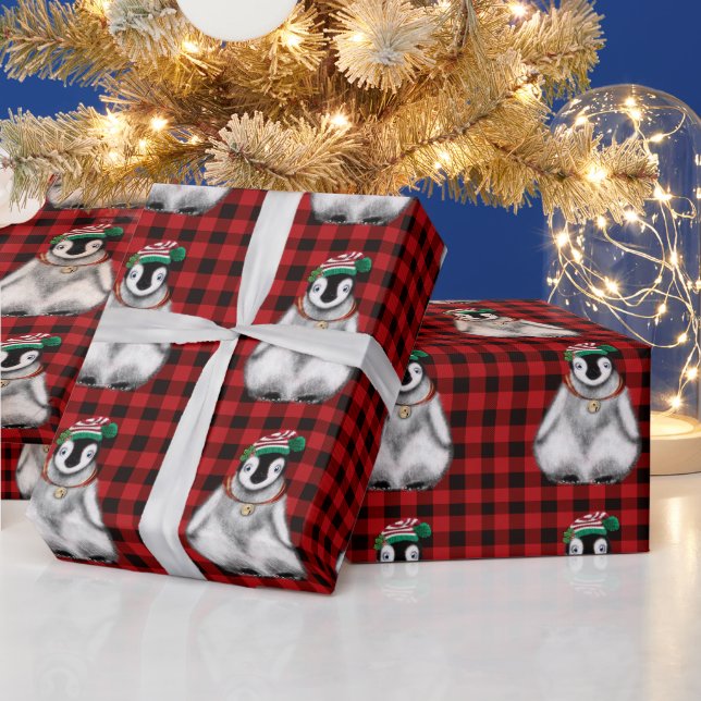 Papel De Regalo Festividad festiva lindo Pingüino negro plaid (Vacaciones)
