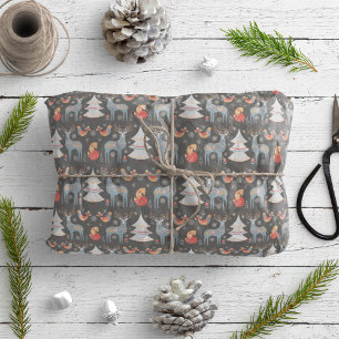 Papel De Regalo Festividad floral de los renos nórdicos grises