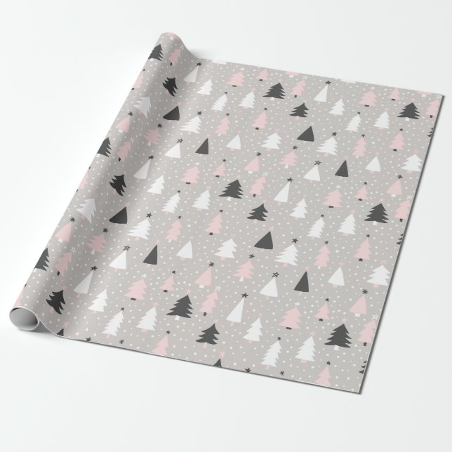 Papel De Regalo Festividad gris rosado del árbol de Navidad modern (Desenrollado)